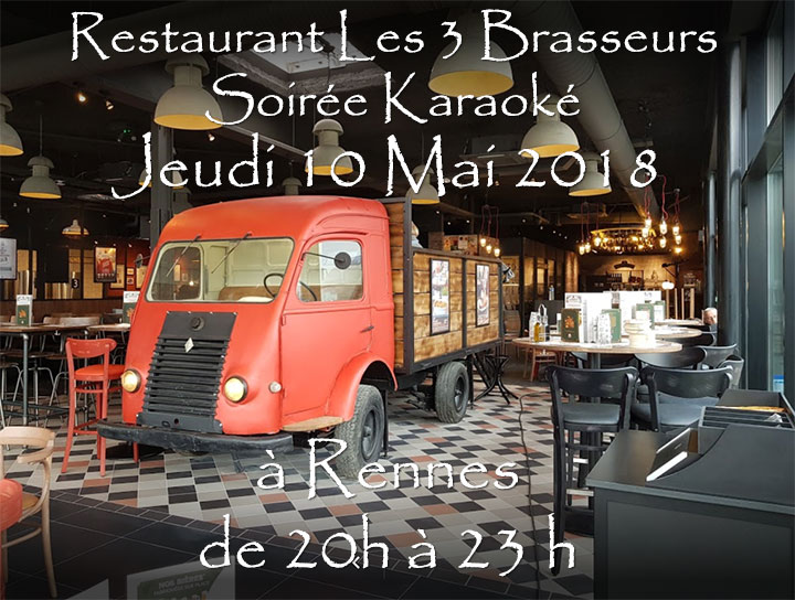Lire la suite à propos de l’article Soirée Karaoké  Jeudi 10 Mai 2018 à Rennes au restaurant Les Trois Brasseurs (316 rue de Saint Malo)