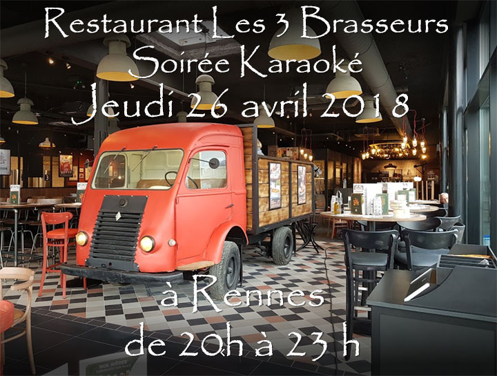 Lire la suite à propos de l’article Soirée Karaoké  Jeudi 26 Avril 2018 à Rennes au restaurant Les Trois Brasseurs (316 rue de Saint Malo)