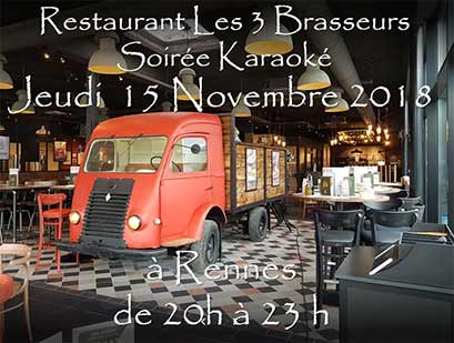 Lire la suite à propos de l’article Soirée Karaoké  Jeudi 15 Novembre 2018 à Rennes au restaurant Les Trois Brasseurs (316 rue de Saint Malo)